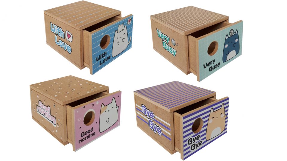 กล่องลิ้นชักเก็บของ Drawer Box ไม้ Ymo ลายน้องแมว